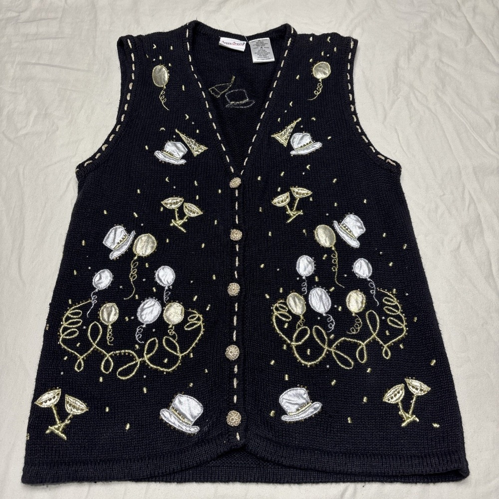 Vtg Bobbie Brooks‎ New Years Sweater Vest Women's Med Beaded Embroidered Party